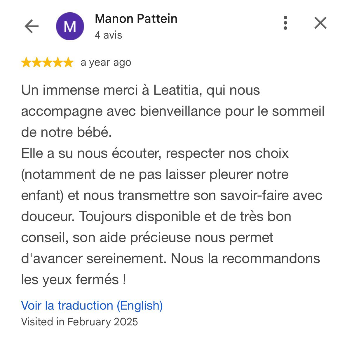 Avis Google cinq étoiles de Manon Pattein recommandant l'accompagnement de Laetitia