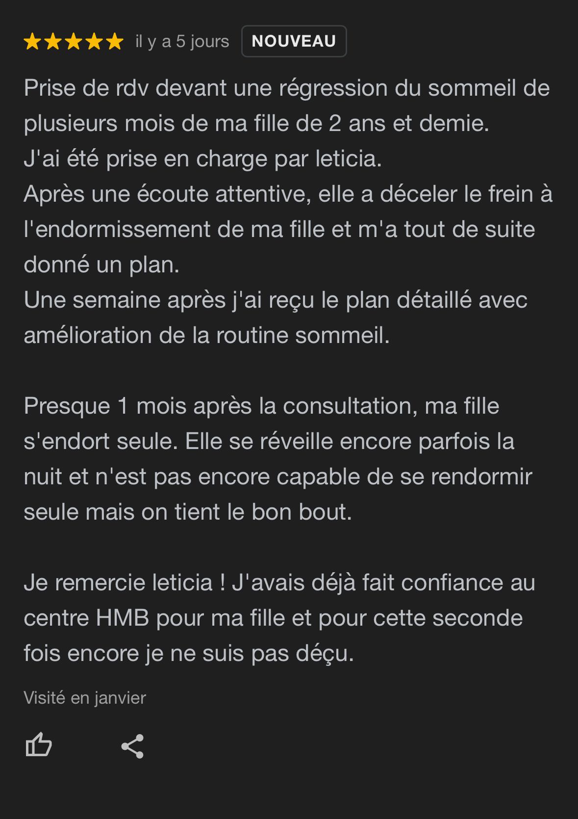 Avis cinq étoiles sur un plan personnalisé pour le sommeil d'une enfant de deux ans et demi