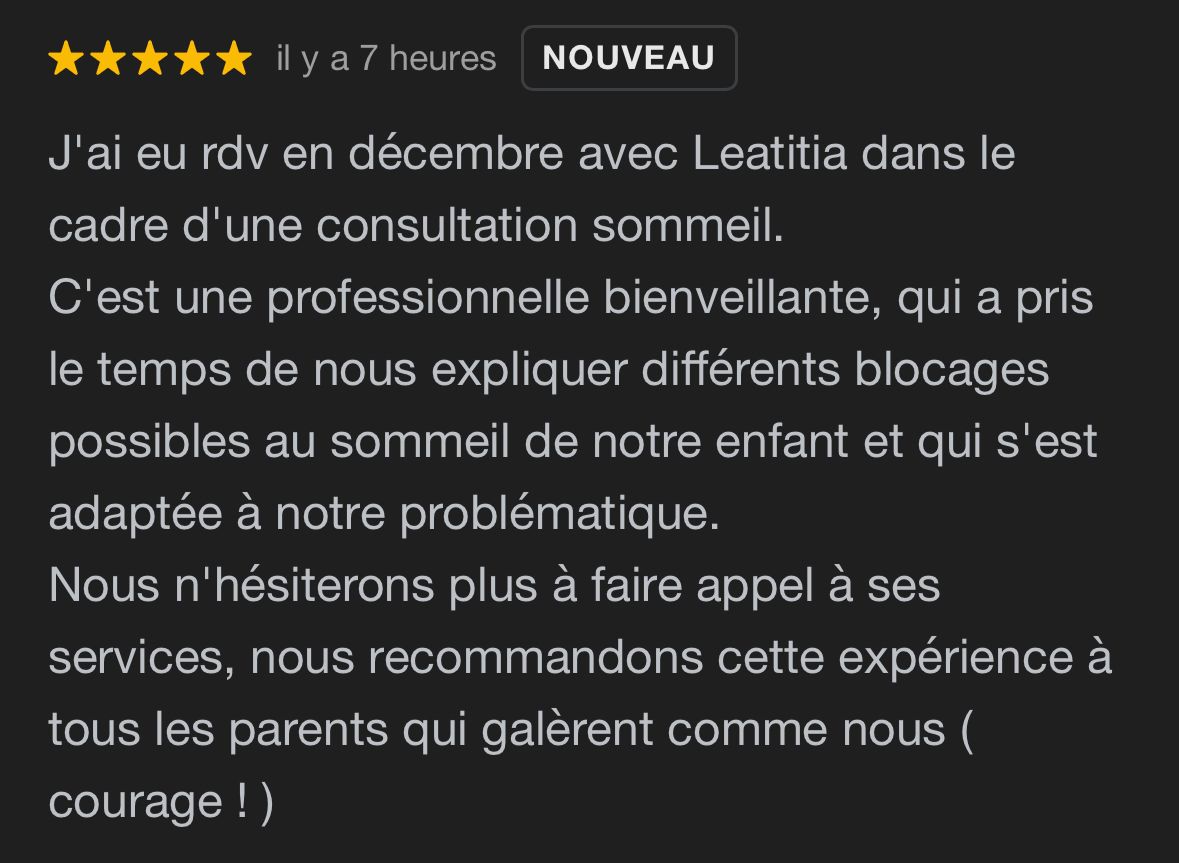 Avis cinq étoiles recommandant l'accompagnement de Laetitia